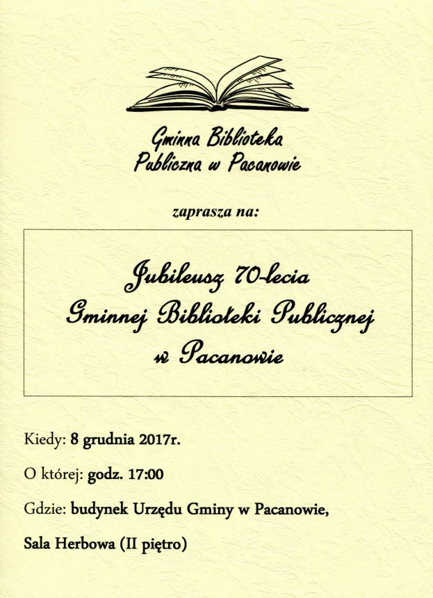 Zaproszenie na Jubileusz 70-lecia Gminnej Biblioteki Publicznej w Pacanowie